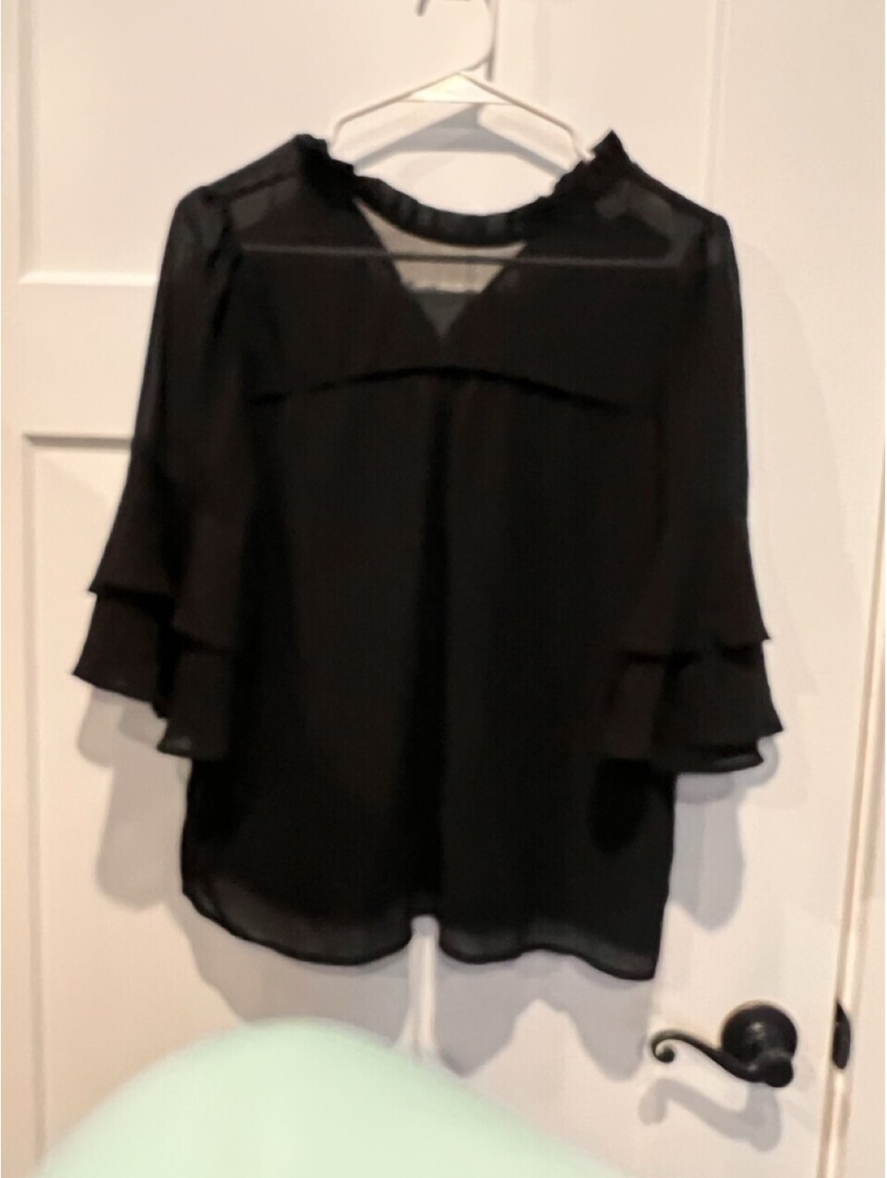 Monteau Womens S Black Tiered Bell Sleeve Blouse Flounce Sleeve Top